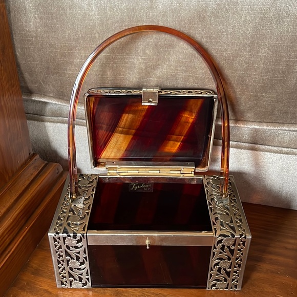 1950s Tyrolean Tortoise Striped Lucite Decorative Metal Encased Box Style Purse - Picture 11 of 13